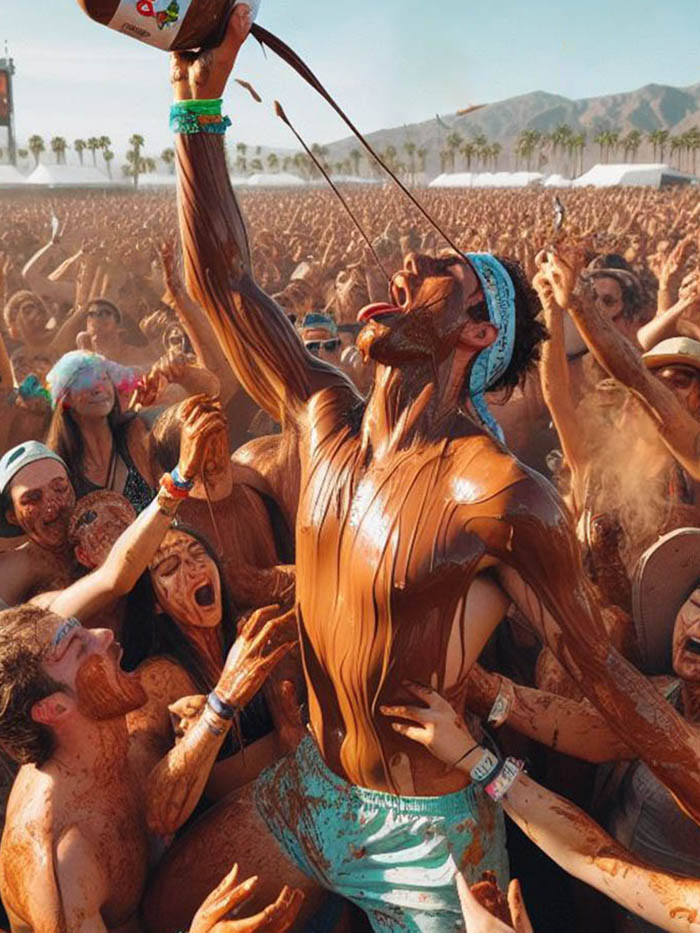 A guy spilling Nutella spread on himself among the music festival crowd going nuts for Nutella, smearing it on each other in the alternate version of Coachella Festival; AI image by Ivan Kralj / Dall-e.