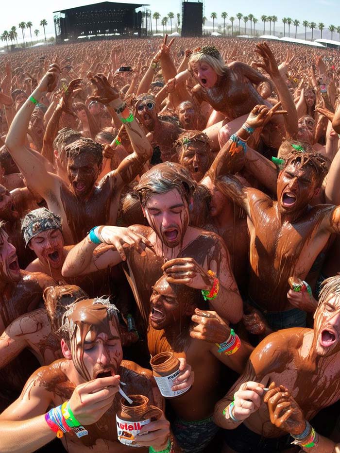 Music festival crowd going nuts for Nutella, smearing the chocolate spread on each other in the alternate version of Coachella Festival; AI image by Ivan Kralj / Dall-e.