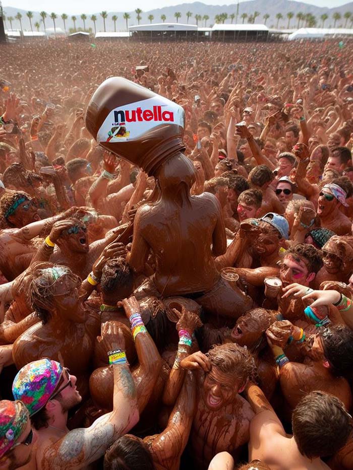 Music festival crowd going nuts for Nutella, spilling the chocolate spread over a girl in the audience in the alternate version of Coachella Festival; AI image by Ivan Kralj / Dall-e.