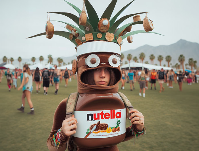 A young woman in Nutella-inspired outfit at an imaginary chocolatey version of Coachella Festival; AI image by Ivan Kralj / Dall-e.