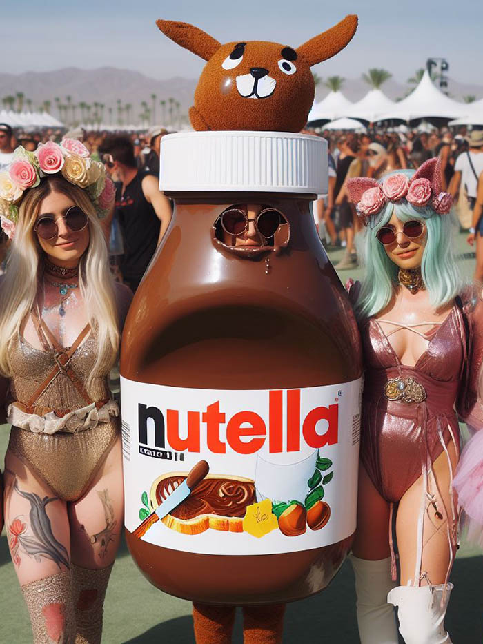 Young female festivalgoers with one of them dressed in a Nutella jar at an alternative chocolate version of Coachella Festival; AI image by Ivan Kralj / Dall-e.