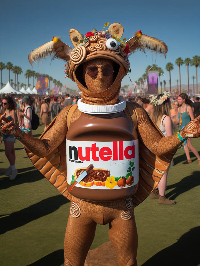 A man in a bug outfit with Nutella-jar shirt at an imaginary chocolate version of Coachella Festival; AI image by Ivan Kralj / Dall-e.