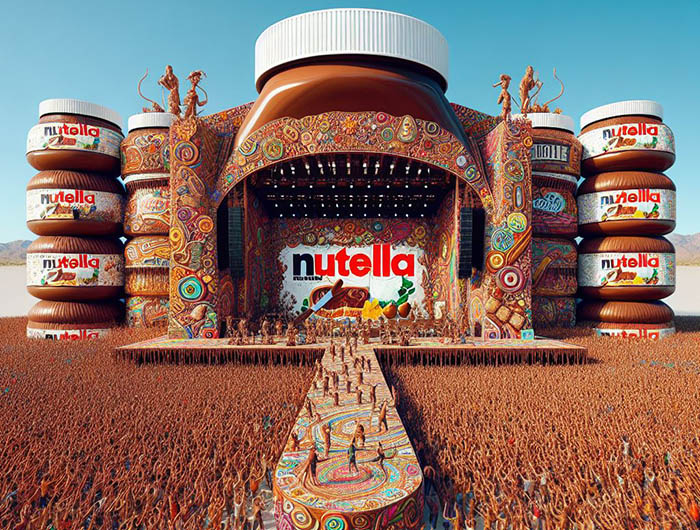 The stage of Coachella Music Festival rebranded as Nutella, in a form of a gigantic spread jar, with concertgoers in the audience; AI image by Ivan Kralj / Dall-e.