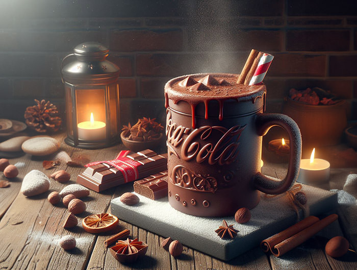 A cup of hot cocoa Coca-Cola in winter holidays cozy set-up; AI image by Ivan Kralj / Dall-e.