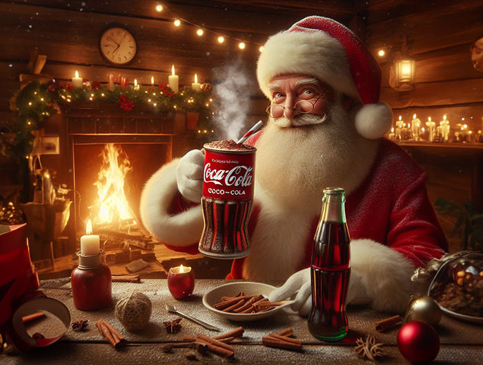 Santa Claus in a cozy holiday-styled room with a fireplace, drinking a hot Cocoa-Cola, Coca-Cola made of chocolate; AI image by Ivan Kralj / Dall-e.