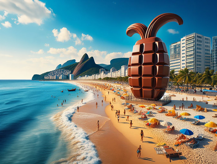 A large statue of chocolate cocoa sculpture on Copacabana Beach; AI image by Ivan Kralj / Dall-e.
