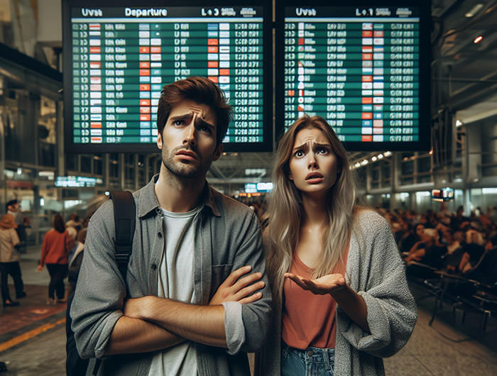 A confused couple on the airport, not understanding the display; AI illustration of destination mix-up, created by Ivan Kralj / Dall-e.
