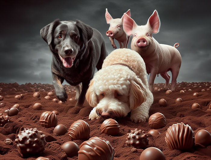 Truffler dogs and pigs in the chocolate field hunting chocolate truffles; AI image by Ivan Kralj / Dall-e.
