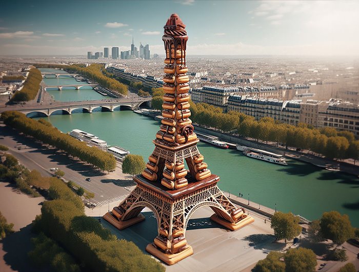 Eiffel Tower in Paris made of chocolate eclairs; AI Image by Ivan Kralj / Dall-e.