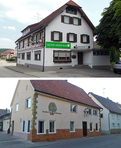 Gasthof Grüner Baum in Stetten (top), and Gasthof Grüner Baum in Stetten, the suburb of Hechingen (bottom); the same-named hotels in the same-named villages led Laura and Joren Byers to destination mix-up. 