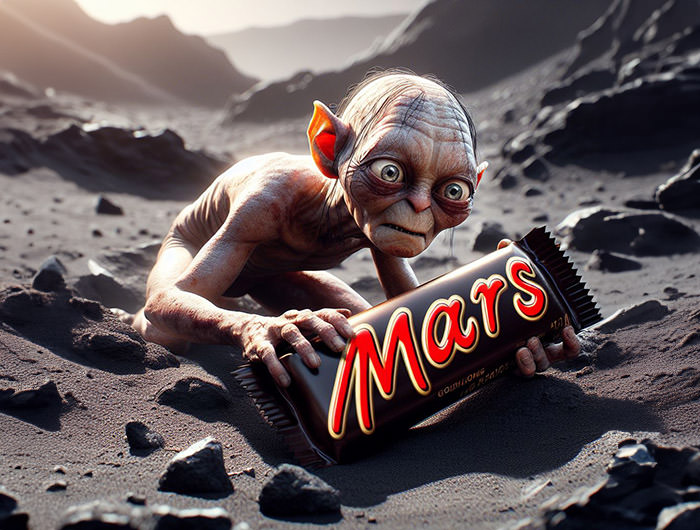 Gollum from "Lord of the Rings" finding "his precious" on Mars - a chocolate with Mars logo; AI image by Ivan Kralj / Dall-e.