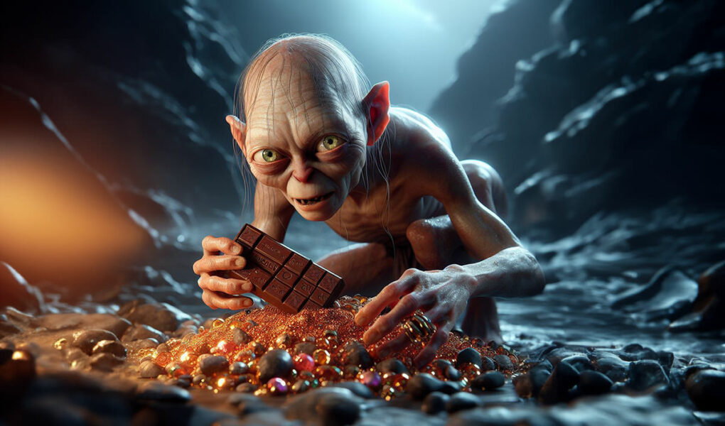 Gollum or Smeagol, the "Lord of the Rings" character with 'his precious' chocolate bar; an illustration on scarcity and value of chocolate in today's world, AI image by Ivan Kralj / Dall-e.