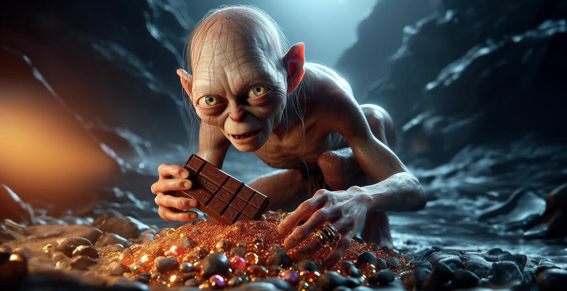 Gollum or Smeagol, the "Lord of the Rings" character with 'his precious' chocolate bar; an illustration on scarcity and value of chocolate in today's world, AI image by Ivan Kralj / Dall-e.