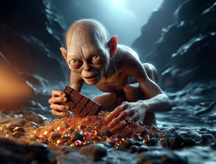 Gollum or Smeagol, the "Lord of the Rings" character with 'his precious' chocolate bar; an illustration on scarcity and value of chocolate in today's world, AI image by Ivan Kralj / Dall-e.