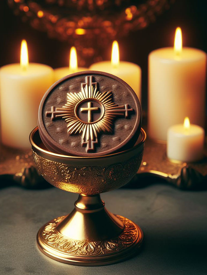 Chocolate waffer in a golden chalice, prepared for Holy Communion, with candles in the background; AI image by Ivan Kralj / Dall-e.