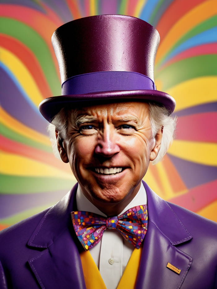Joe Biden as Willy Wonka; AI image by Ivan Kralj / Alchemy.
