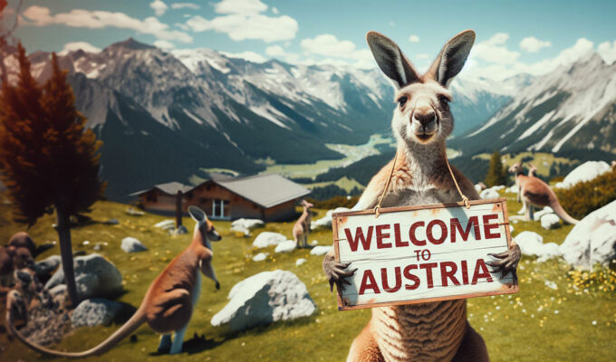 Kangaroo holding a sign "Welcome to Austria" with Alps in the background. Destination mix-up due to similar-sounding names is a common occurrence; AI image by Ivan Kralj / Dall-e / Adobe.