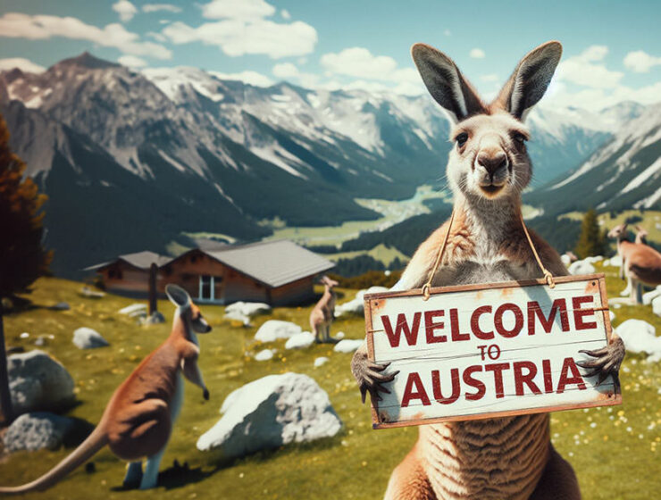 Kangaroo holding a sign "Welcome to Austria" with Alps in the background. Destination mix-up due to similar-sounding names is a common occurrence; AI image by Ivan Kralj / Dall-e / Adobe.