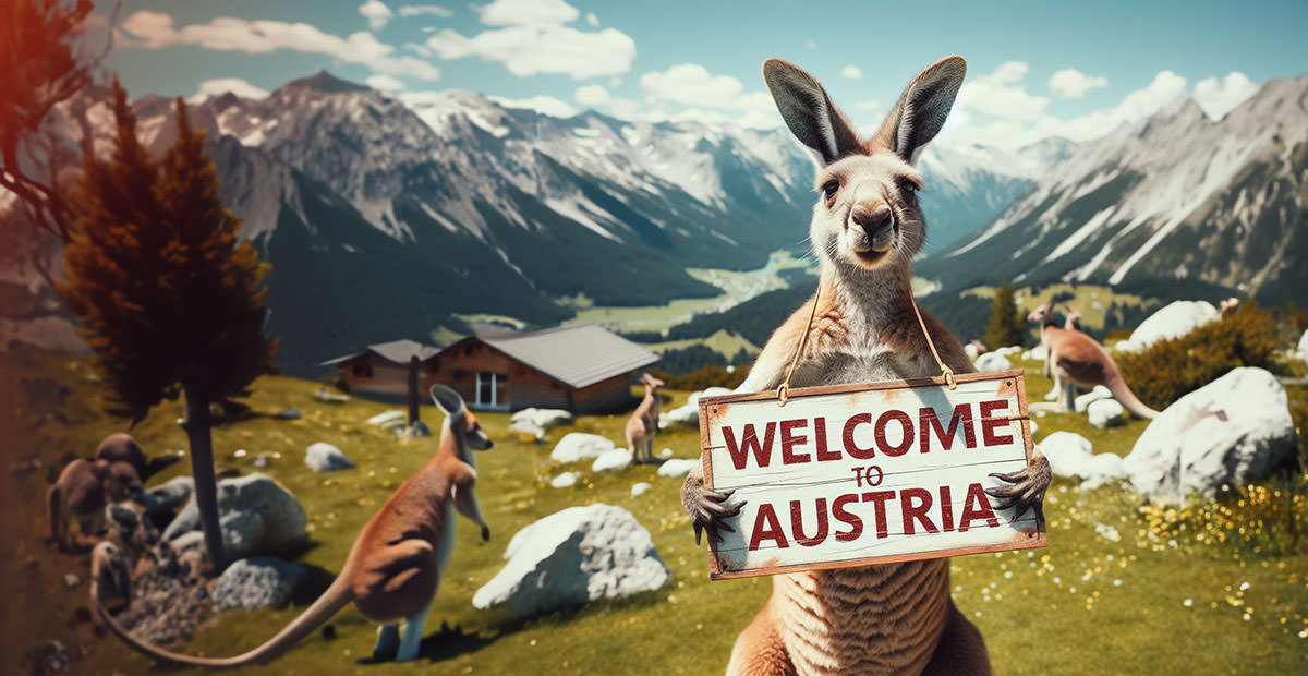 Kangaroo holding a sign "Welcome to Austria" with Alps in the background. Destination mix-up due to similar-sounding names is a common occurrence; AI image by Ivan Kralj / Dall-e / Adobe.