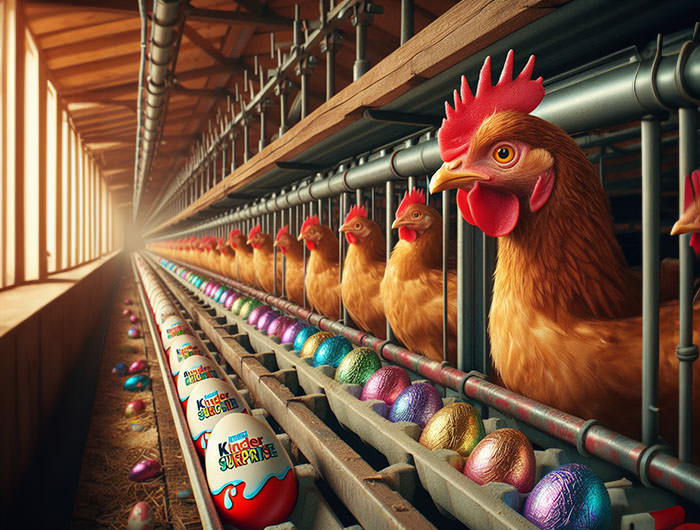 Kinder Surprise egg chicken farm in a world of chocolate; AI image by Ivan Kralj / Dall-e.
