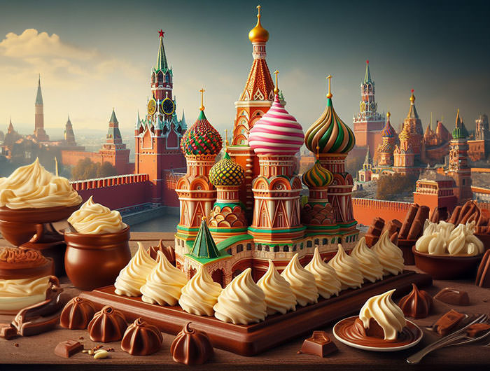 Colorful onion domes of Kremlin church in a cake version with chocolate; AI image by Ivan Kralj / Dall-e.