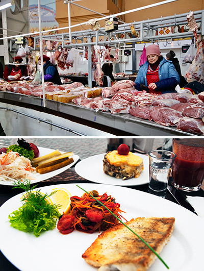 The butcher shop in Kyiv, Ukraine (top, photo by Jorge Fernandez Salas), and a pescatarian dinner (bottom, photo by Haluk Aka); due to the language misunderstanding, Turkish translator became a vegetarian for several months as he couldn't find govyadina (beef in Russian) simply because the merchants were selling yalovichna (beef in Ukrainian).