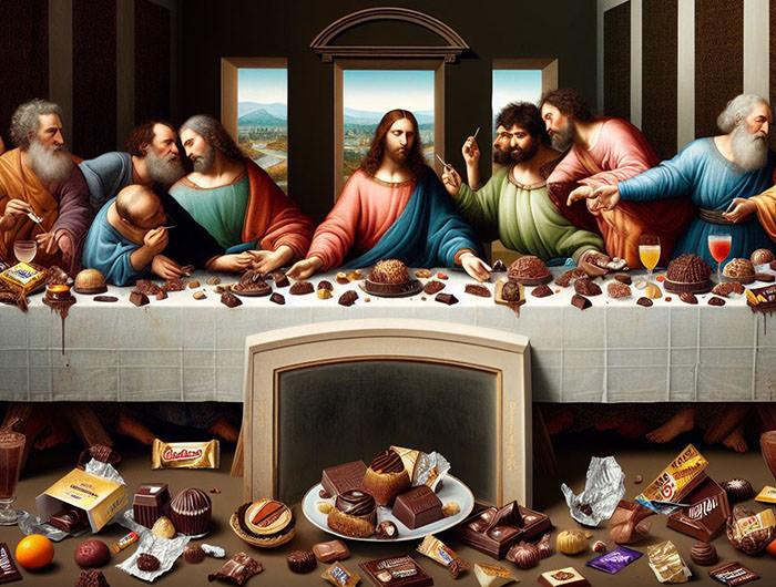 The Last Supper with Jesus and apostles eating chocolate products with a lot of wrapper mess on the floor; AI image by Ivan Kralj / Dall-e.