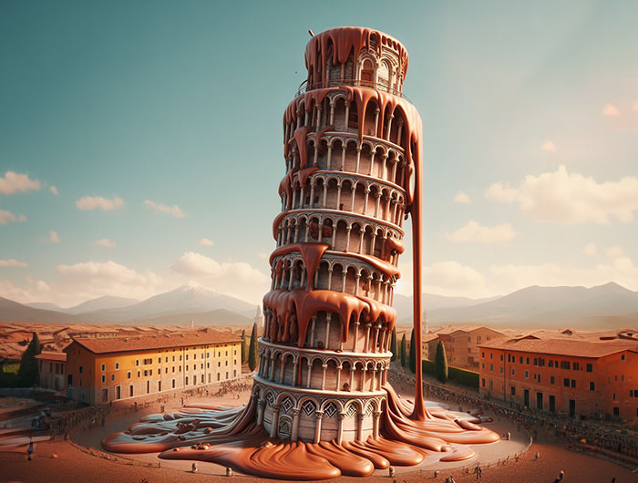 Leaning Tower of Pisa with a melting chocolate falling off of it; AI image by Ivan Kralj / Dall-e.