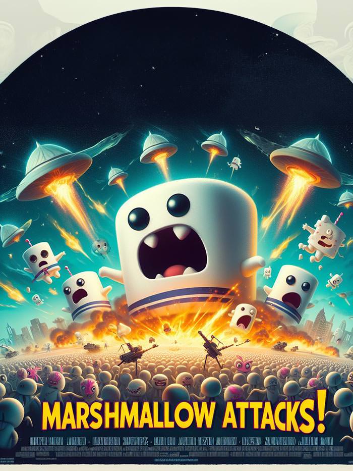 Poster for a fictive movie "Marshmallow Attacks!", a parody of "Mars Attacks!", with marshmallow aliens invading Earth; AI image by Ivan Kralj / Dall-e.