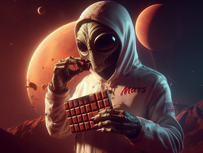 Extraterrestrial in a hoodie with Mars logo eating a chocolate bar on Mars; AI image by Ivan Kralj / Dall-e.
