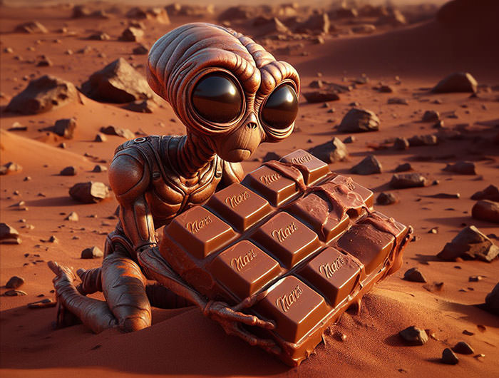 Martian with Mars chocolate on Mars; AI image by Ivan Kralj / Dall-e.
