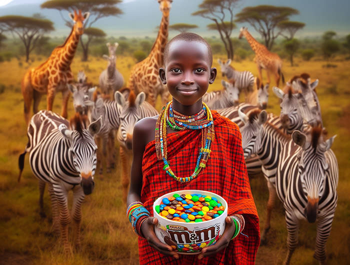A child from Maasai Tribe holding a pot with colorful M&M candies, with zebras and giraffes standing behind in the savannah of Masai Mara; AI image by Ivan Kralj / Dall-e.