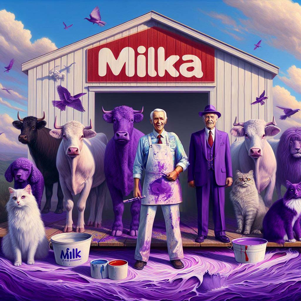 Men and purple-painted animals (cows, dogs, cats, birds, even a lion) standing in front of a barn with Milka sign; AI image by Ivan Kralj / Dall-e.
