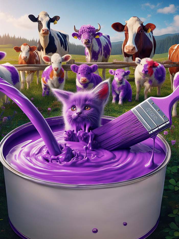 A kitten in a bowl full of purple paint being painted with a paint brush, with half-painted violet cows and pigs standing in the background in an alternate universe where Milka chocolate company decided to make all animals lila; AI image by Ivan Kralj / Dall-e.