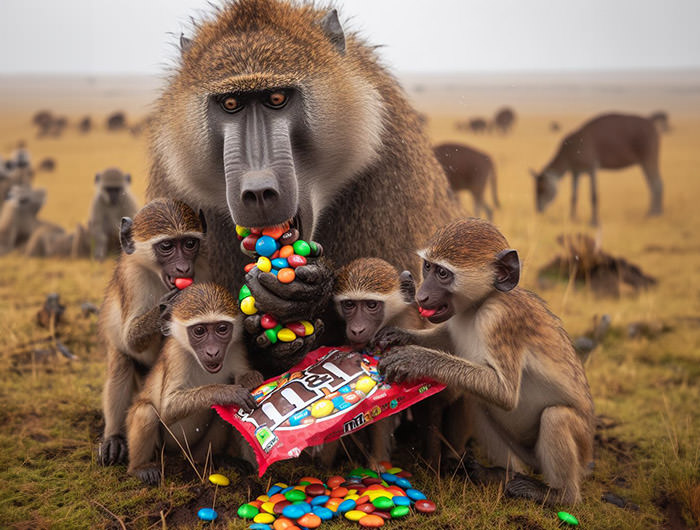 Monkey eating colorful chocolate candies from a bag of M&M's in Masai Mara; AI image by Ivan Kralj / Dall-e.