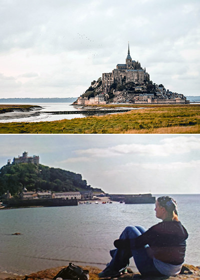 Mont Saint Michel (top) - photo by Aldo Loya/Unsplash, and Tabitha Bailar posing at St Michael's Mount (below); a result of confusion with similar-sounding names of the two tidal island castles in the English Channel that led the travel blogger to a destination mix-up.