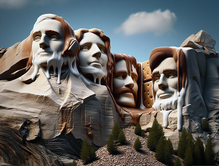 Mount Rushmore as Mount Rush S'more; AI image by Ivan Kralj / Dall-e.