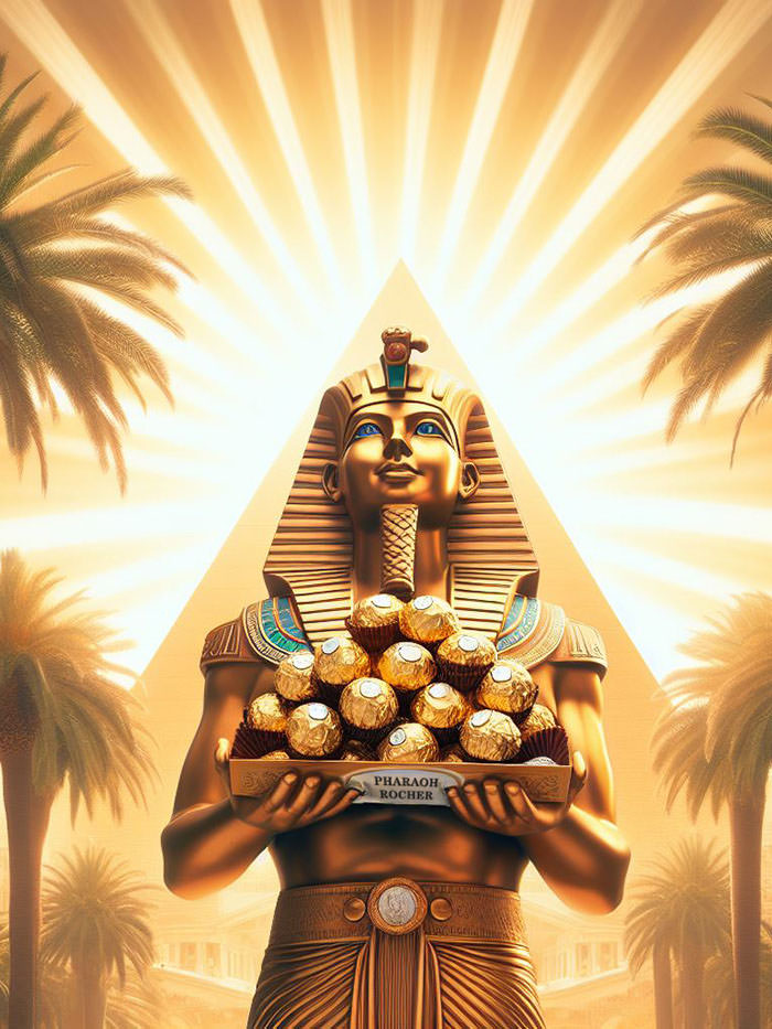 Pharaoh holding an Egyptian version of Ferrero Rocher chocolates, with the sun glowing behind the pyramid behind his back; AI image by Ivan Kralj / Dall-e.