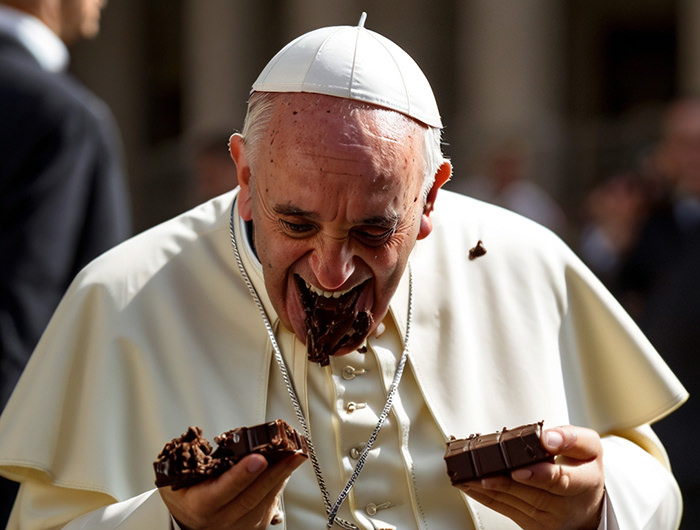 Pope Francis laughing while dveouring chocolate and making a mess on his hands and chin; AI image by Ivan Kralj / Alchemy.