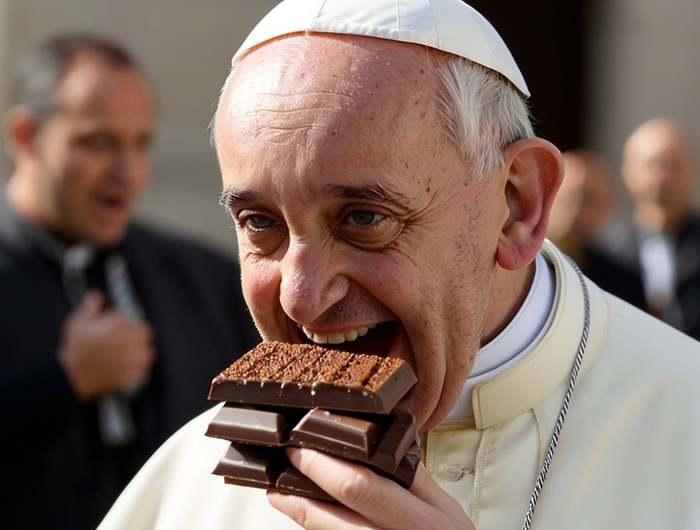 Pope Francis biting into several chocolates holding in his hand; AI image by Ivan Kralj / Alchemy.