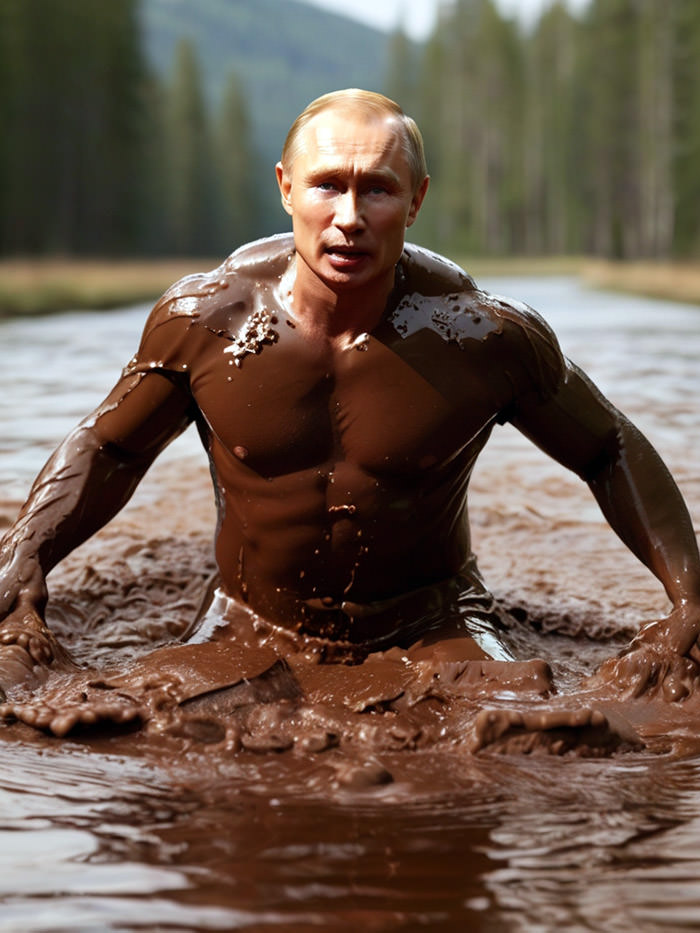 Shirtless Russian President Vladimir Putin covered in liquid chocolate while walking through a chocolate river; AI image by Ivan Kralj / Alchemy.