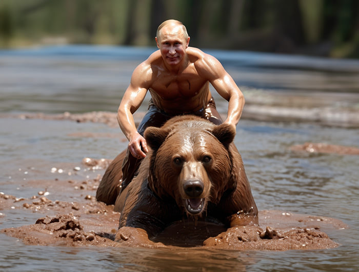 Shirtless Russian President Vladimir Putin riding a bear through a chocolate river; AI image by Ivan Kralj / Alchemy.