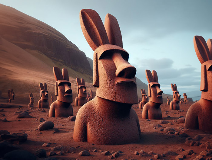 Rapa Nui Easter egg bunny Moai sculptures with bunny ears, if they would be carved out of chocolate; AI image by Ivan Kralj / Dall-e.