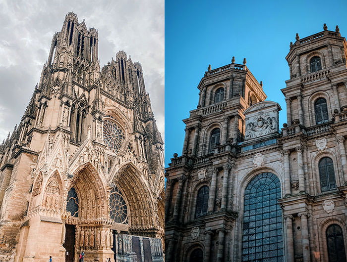 Cathedral of Notre-Dame of Reims (left, photo by Michelle Williams), and Cathedral of Saint-Pierre in Rennes (right, photo by Mick N.); similar sounding names led travel blogger Astrid Chacon to destination mix-up.