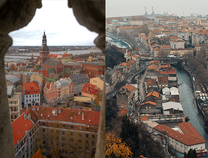Panoramic view of Riga (left, photo by Tom Podmore), and Rijeka (right, photo by Ozren Cuculic): similar names of the two towns, on in the Baltics, the other one in the Balkans, made one confused traveler cross over entire continent.