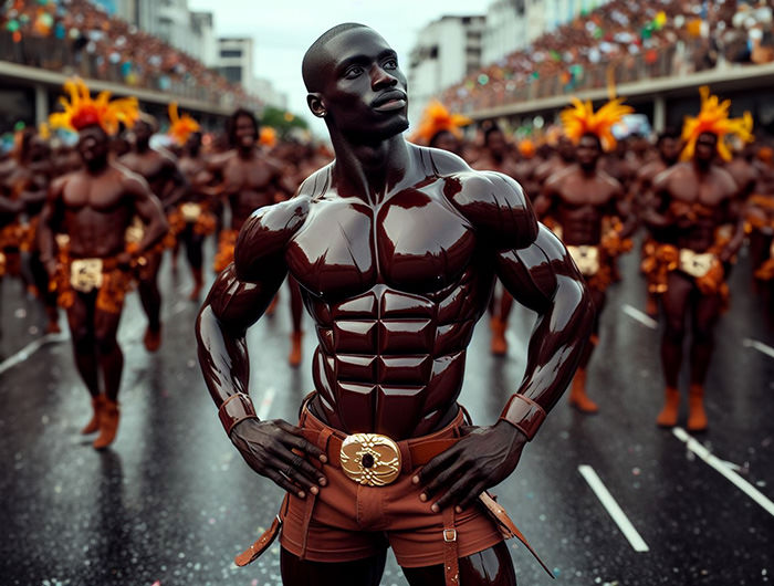 Samba dancer at Rio Carnival with chocolate six-pack in an alternative world of chocolate where cocoa is abundant; AI image by Ivan Kralj / Dall-e.