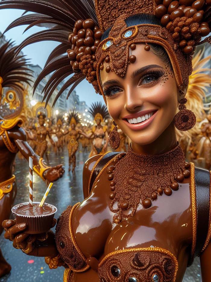 Attractive female samba dancer in a parade at Rio Carnival in chocolate outfit; AI image by Ivan Kralj / Dall-e.