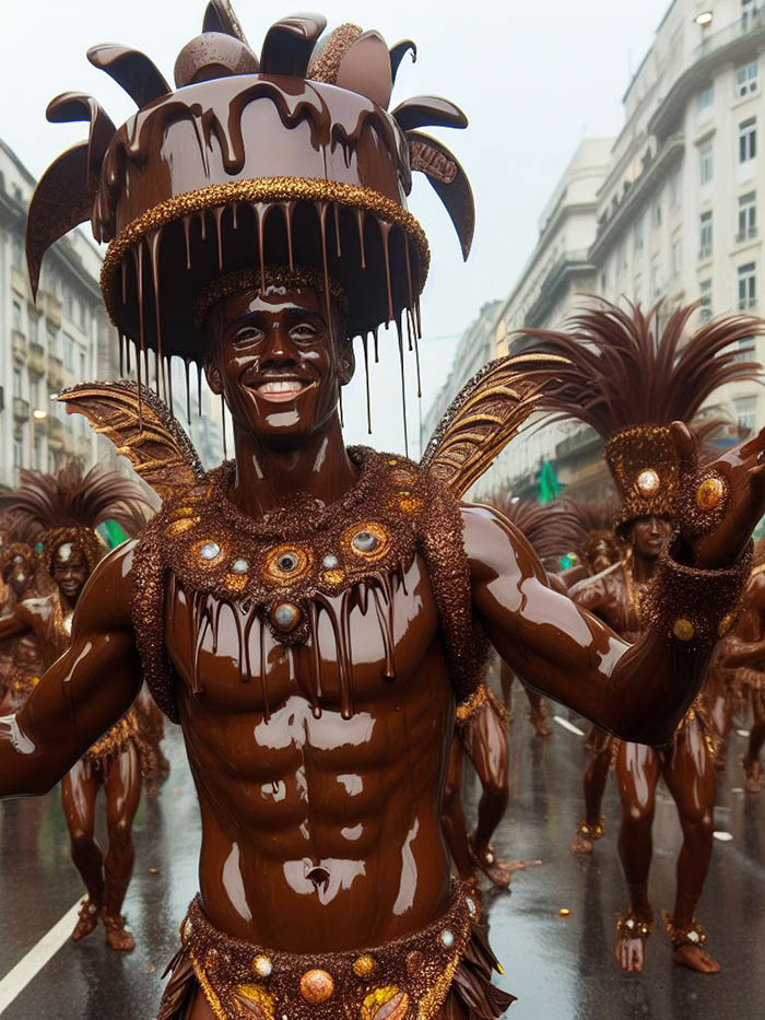 Male samba dancer in a parade at Rio Carnival in chocolate outfit; AI image by Ivan Kralj / Dall-e.