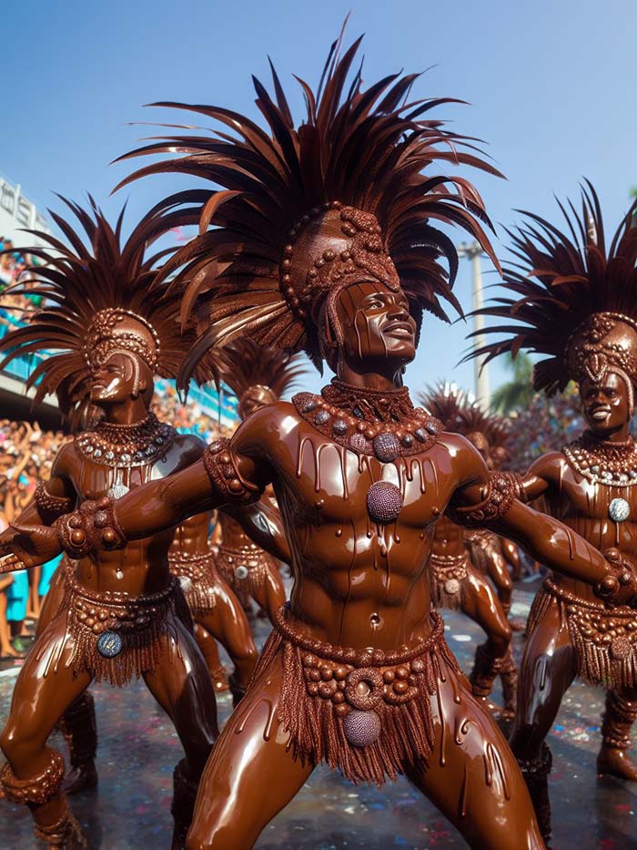 Male samba dancers at Rio Carnival in chocolate outfits; AI image by Ivan Kralj / Dall-e.