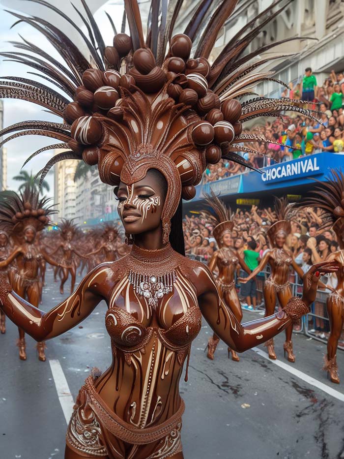 Female samba dancer at Rio Carnival in chocolate outfit; AI image by Ivan Kralj / Dall-e.